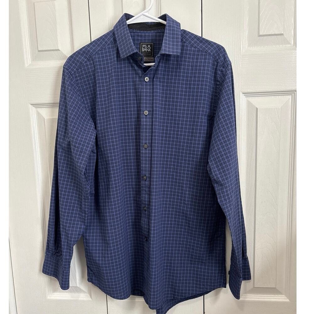 Jos A Banks Blue Plaid Traveler Travel Tech Button Up Dress Shirt Medium